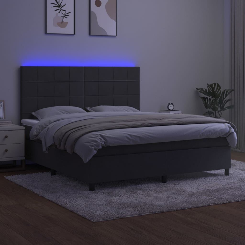 Box Spring Bed with Mattress&LED Dark Grey 153x203 cm Queen Size Velvet