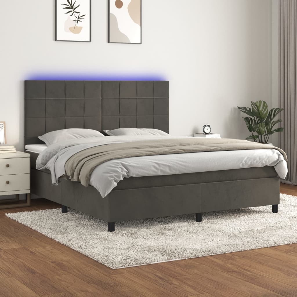 Box Spring Bed with Mattress&LED Dark Grey 153x203 cm Queen Size Velvet