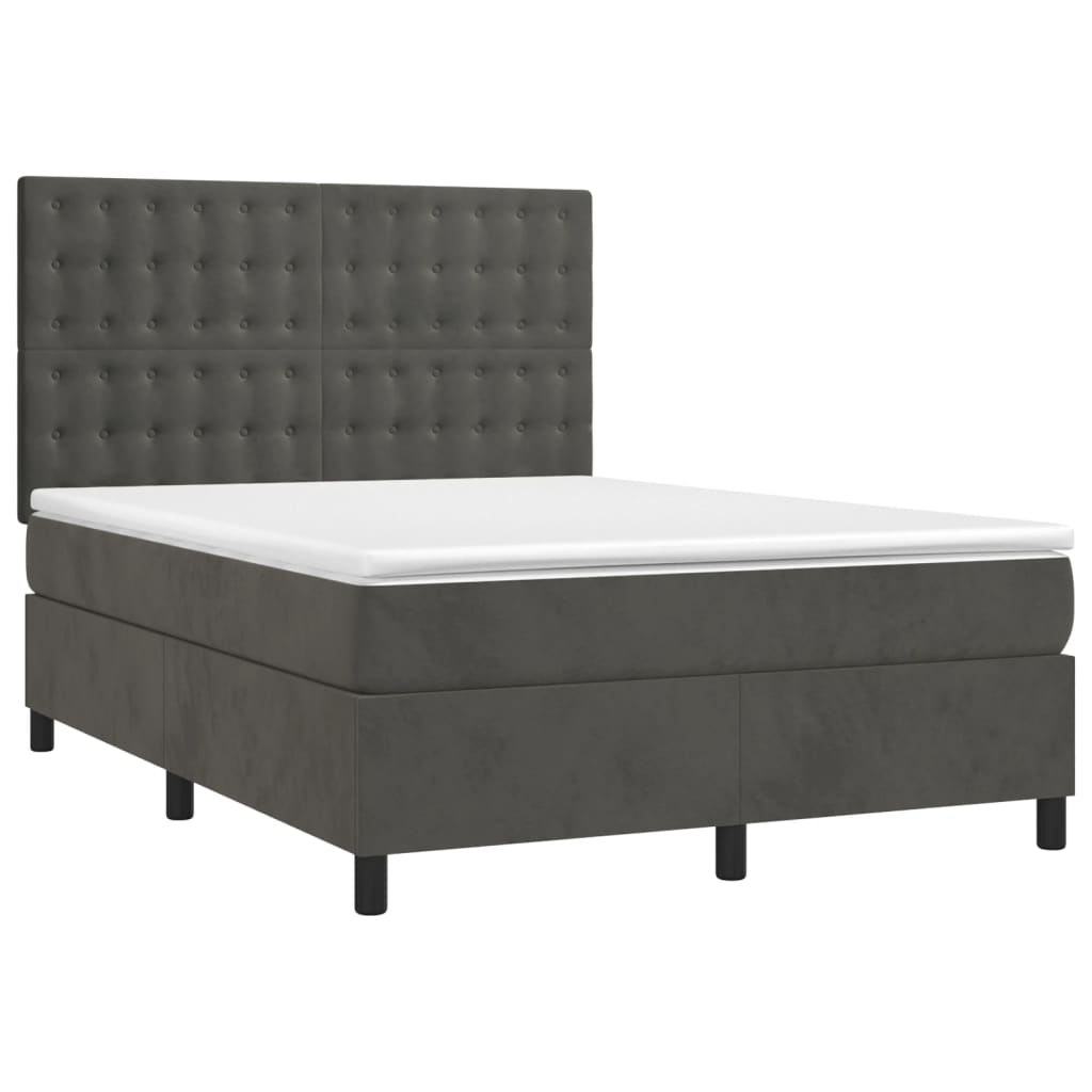 Box Spring Bed with Mattress&LED Dark Grey 137x187 cm Double Size Velvet