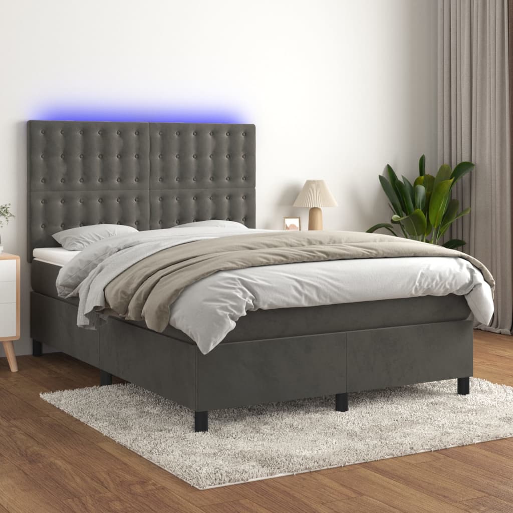 Box Spring Bed with Mattress&LED Dark Grey 137x187 cm Double Size Velvet