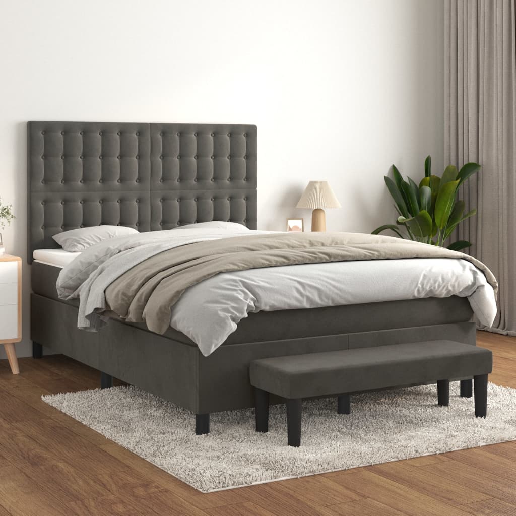 Box Spring Bed with Mattress Dark Grey 137x187 cm Double Size Velvet