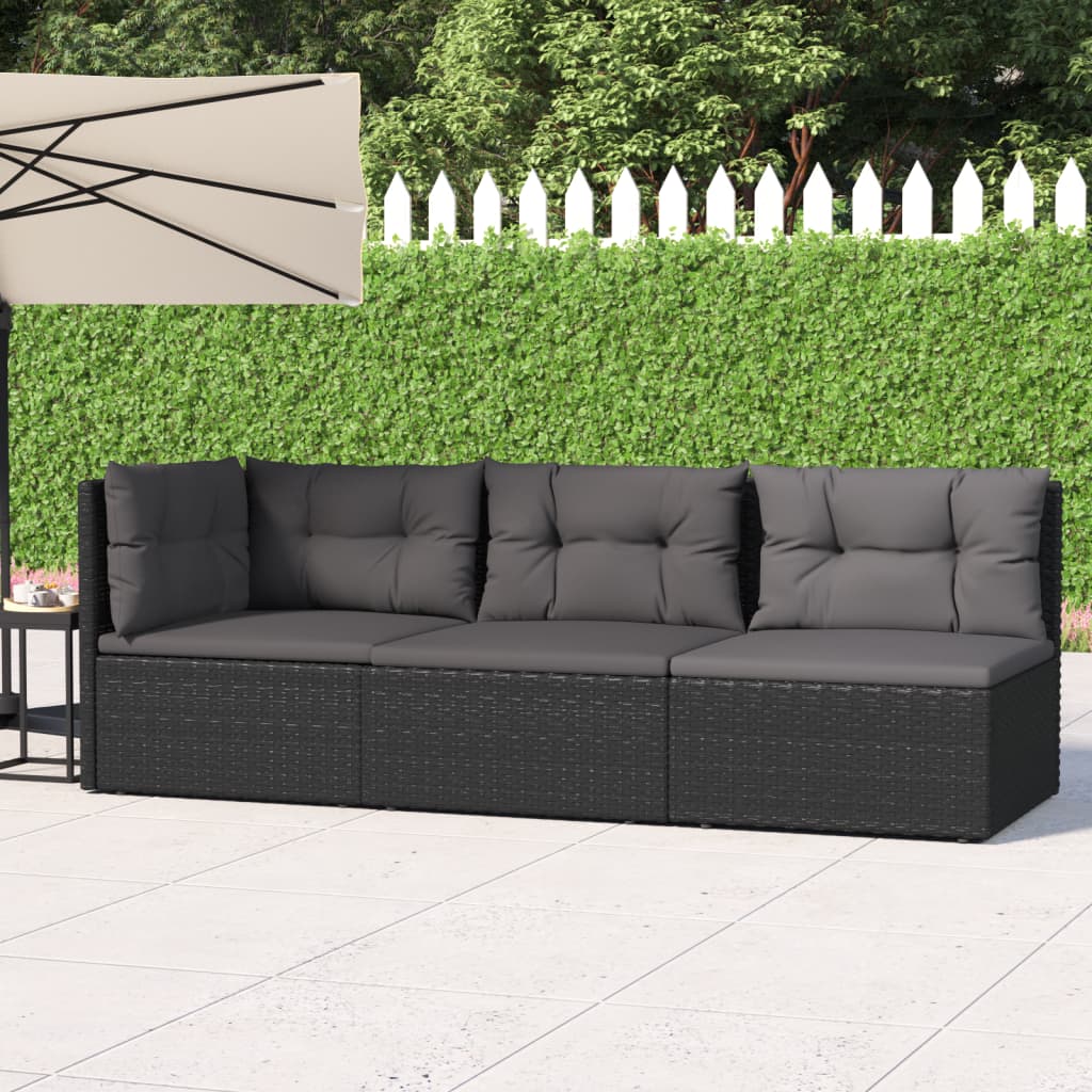 3 Piece Garden Lounge Set with Cushions Black Poly Rattan