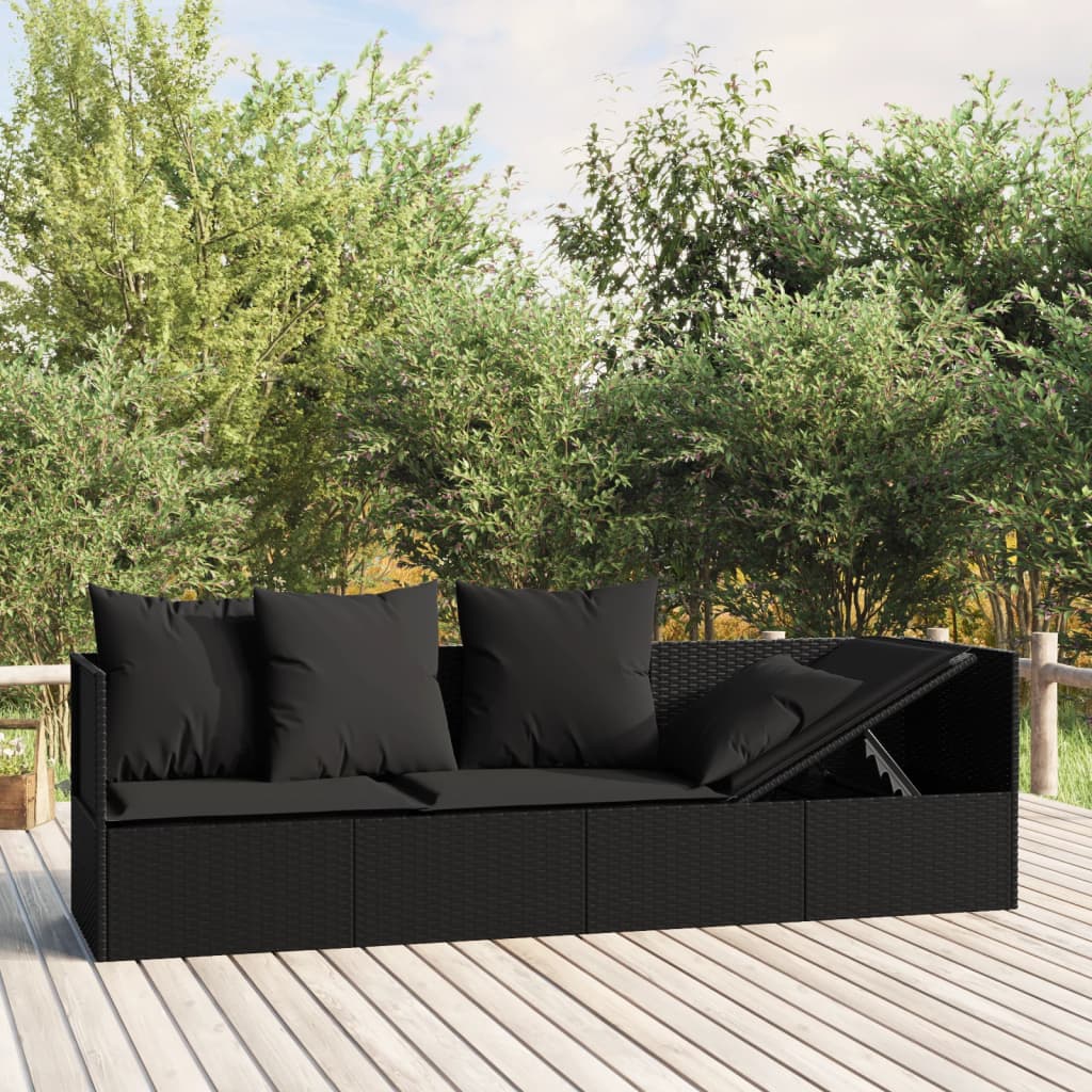 Outdoor Lounge Bed with Cushions Black Poly Rattan