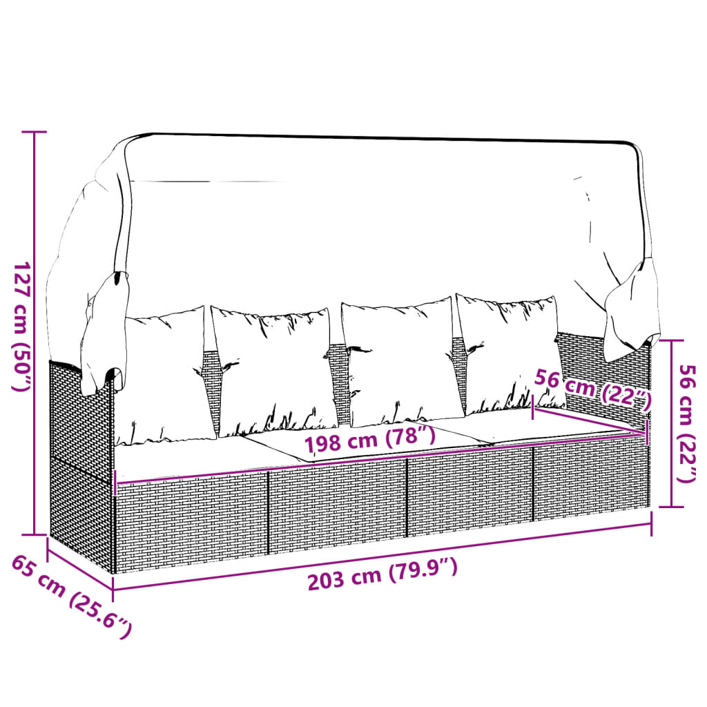 Outdoor Lounge Bed with Roof and Cushions Brown Poly Rattan