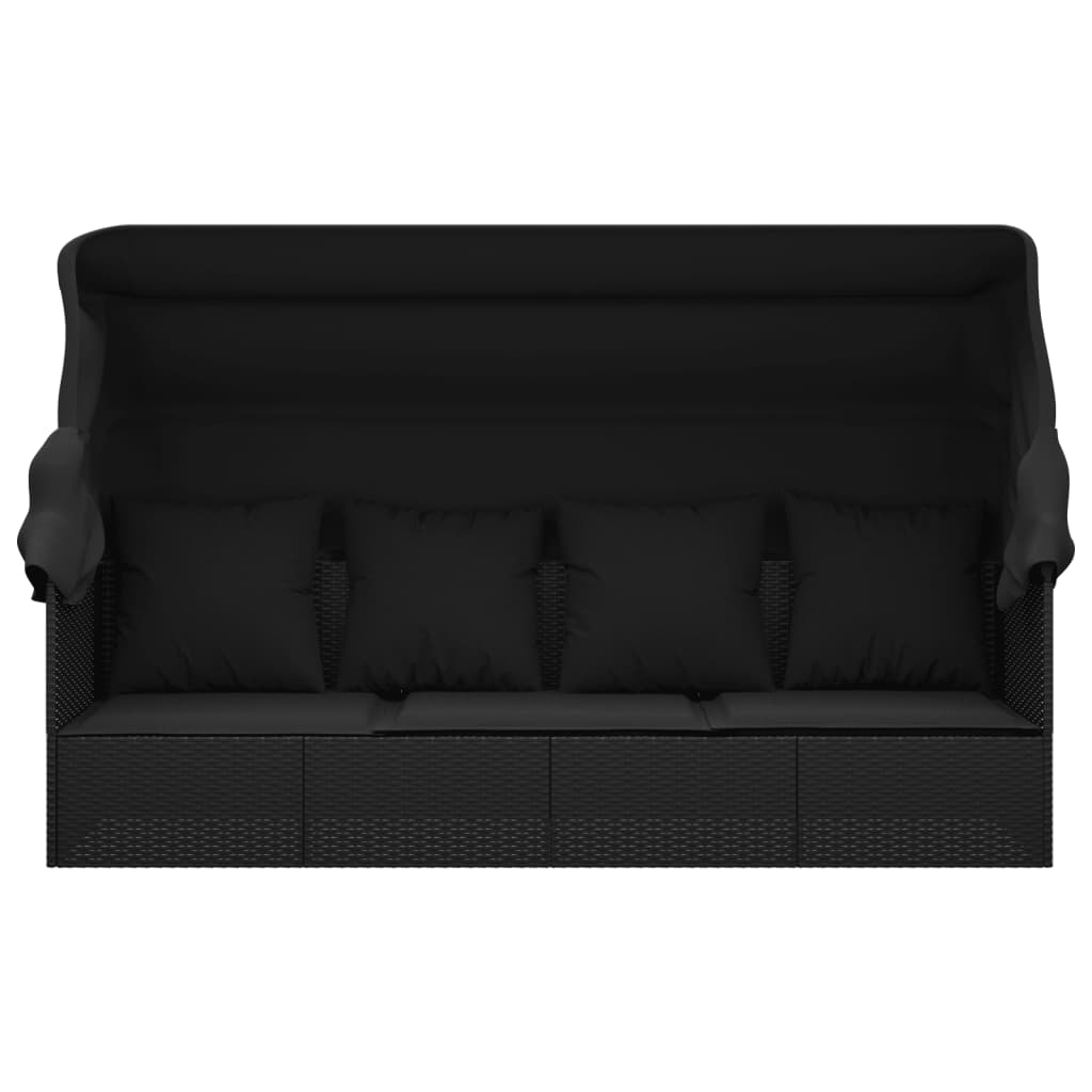 Outdoor Lounge Bed with Roof and Cushions Black Poly Rattan