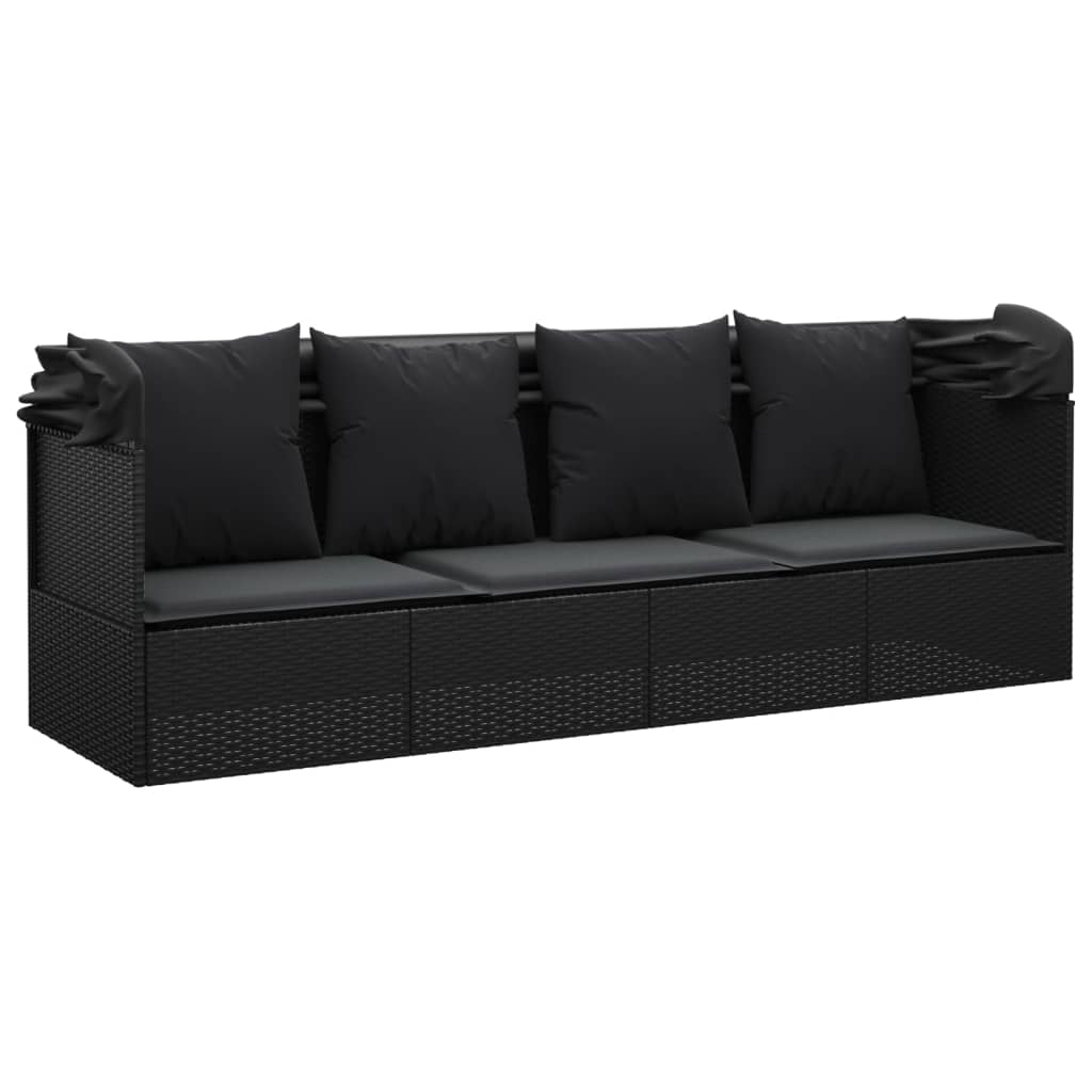 Outdoor Lounge Bed with Roof and Cushions Black Poly Rattan