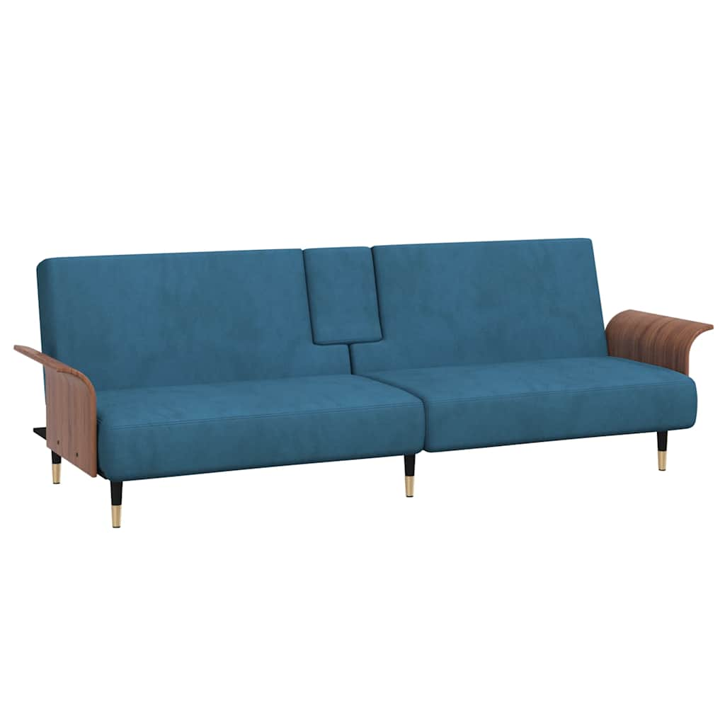 Sofa Bed with Cup Holders Blue Velvet