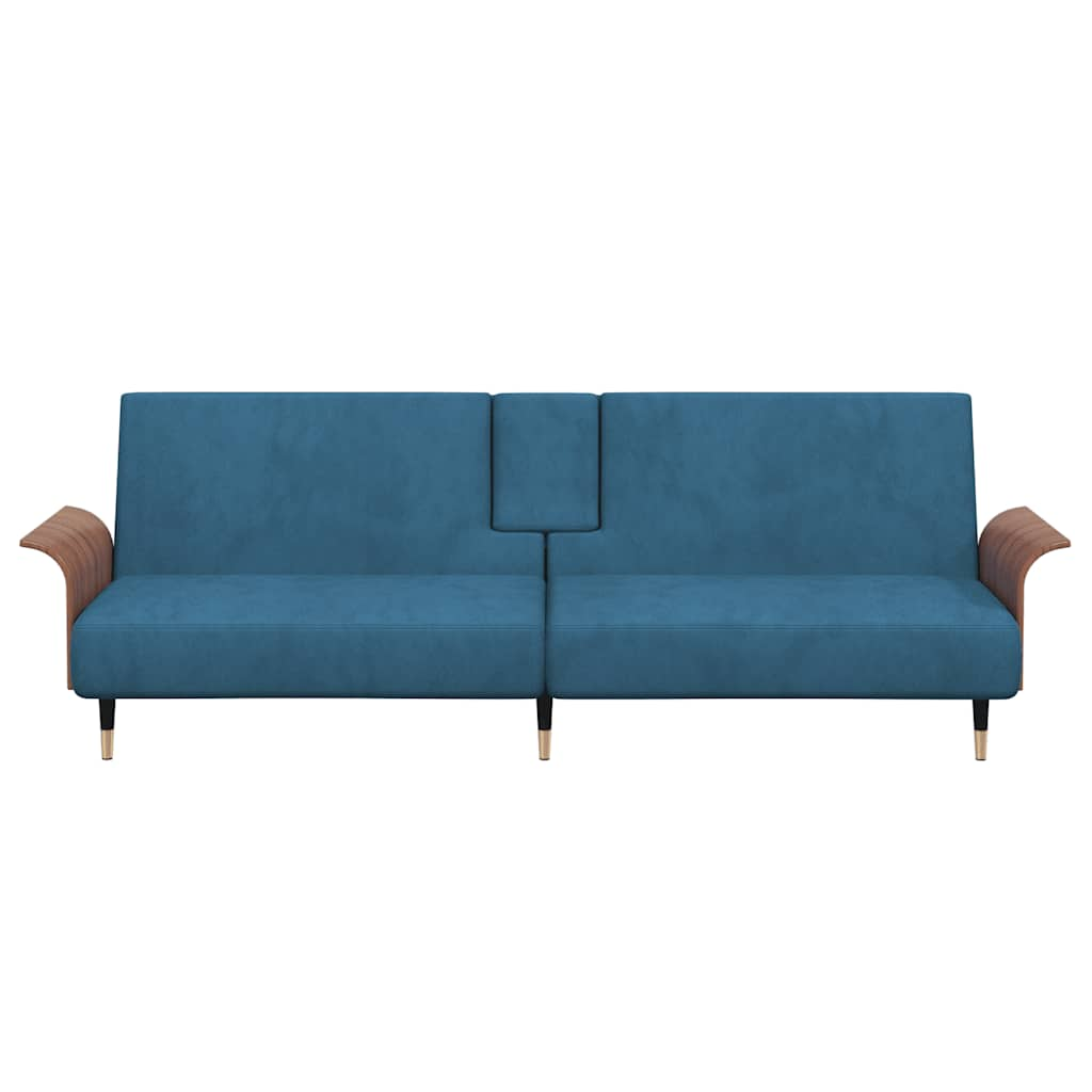 Sofa Bed with Cup Holders Blue Velvet