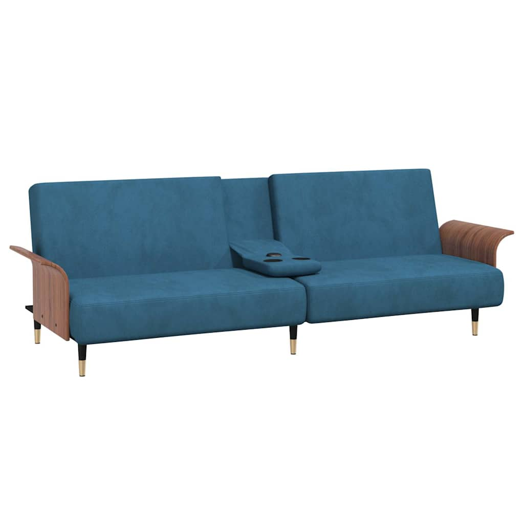 Sofa Bed with Cup Holders Blue Velvet