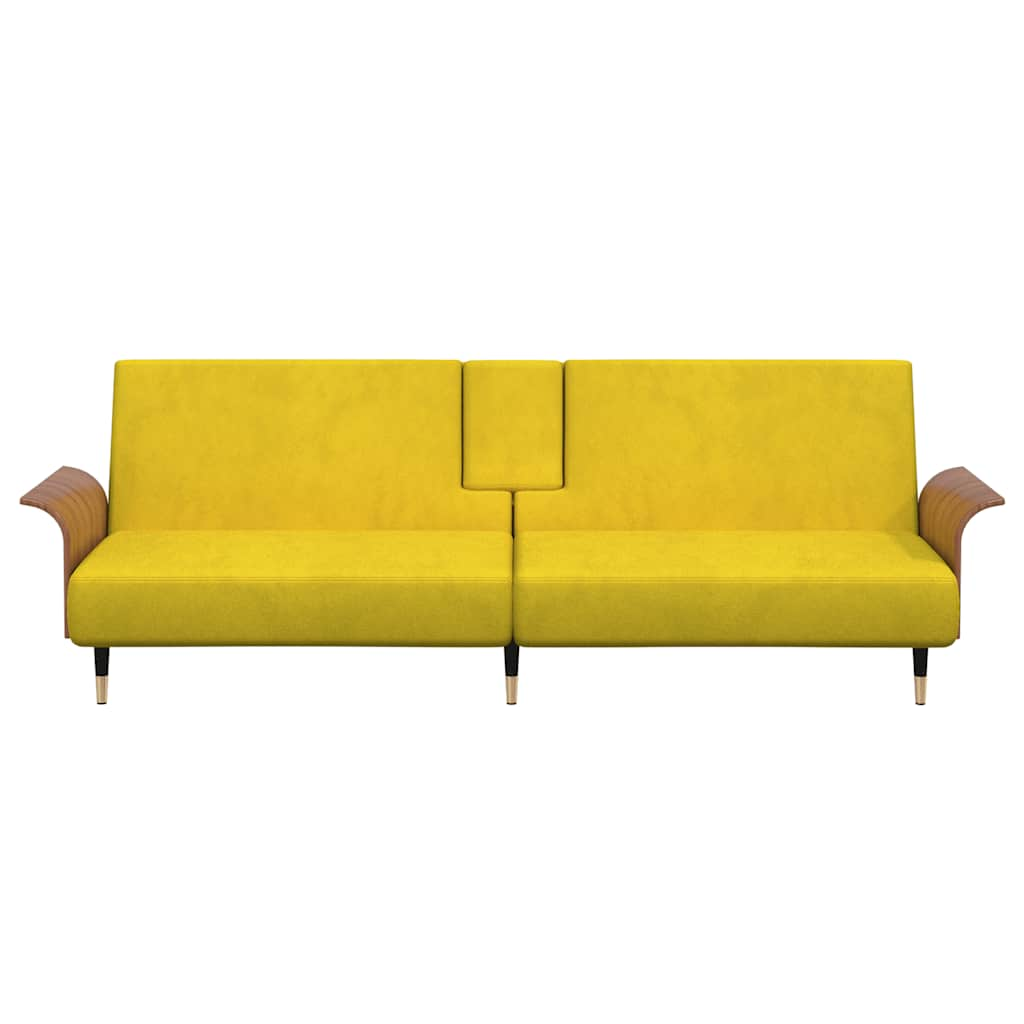 Sofa Bed with Cup Holders Yellow Velvet