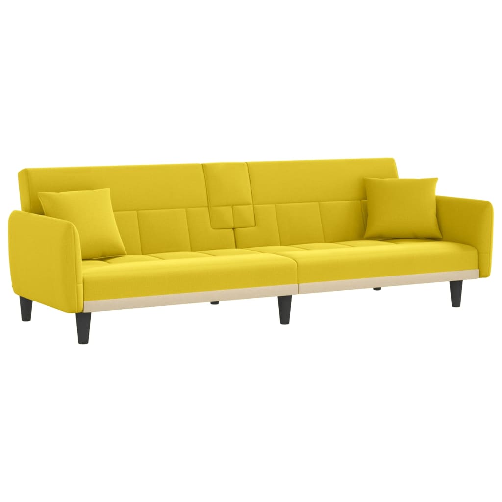 Sofa Bed with Cup Holders Light Yellow Fabric