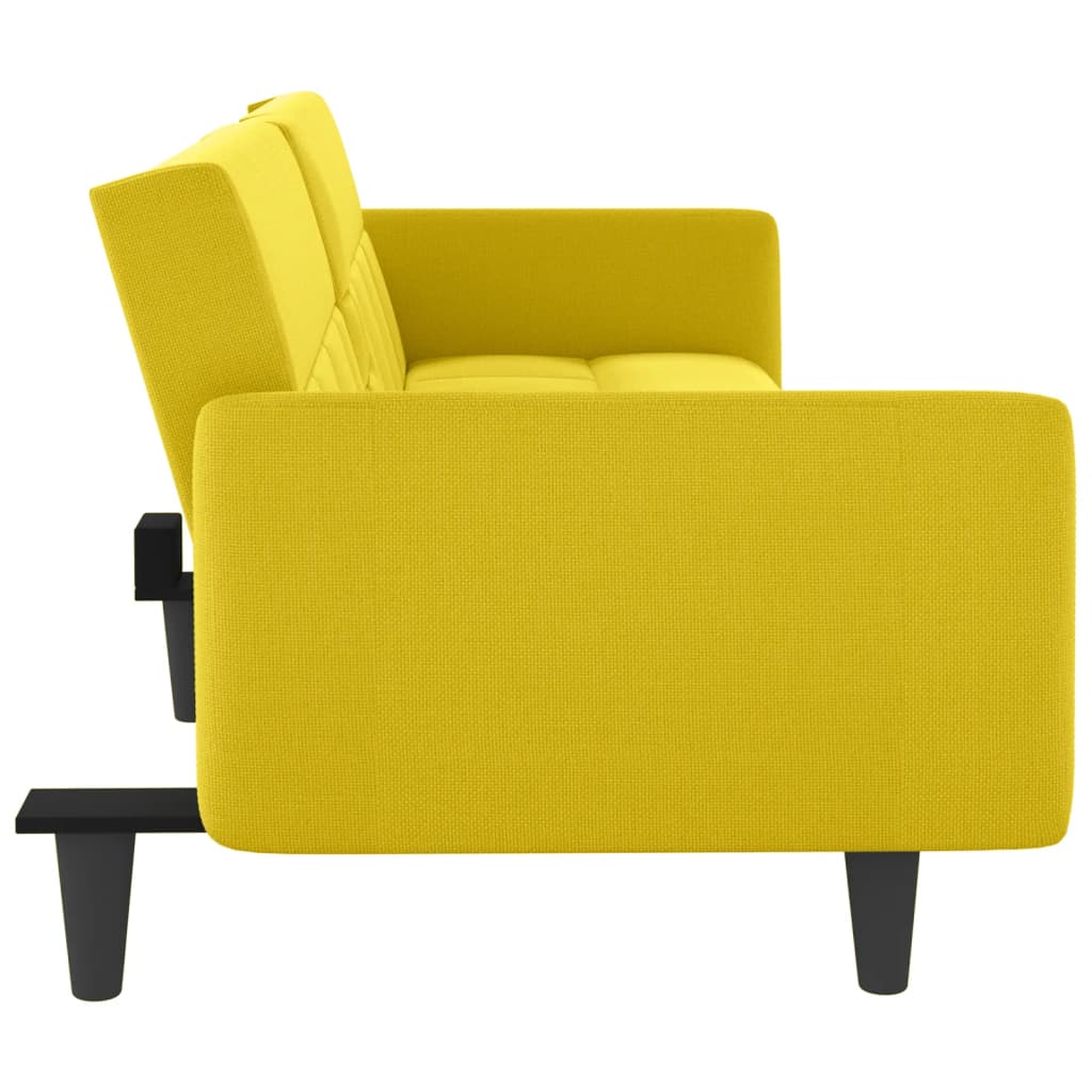 Sofa Bed with Cup Holders Light Yellow Fabric