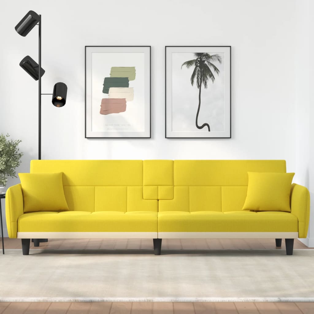 Sofa Bed with Cup Holders Light Yellow Fabric