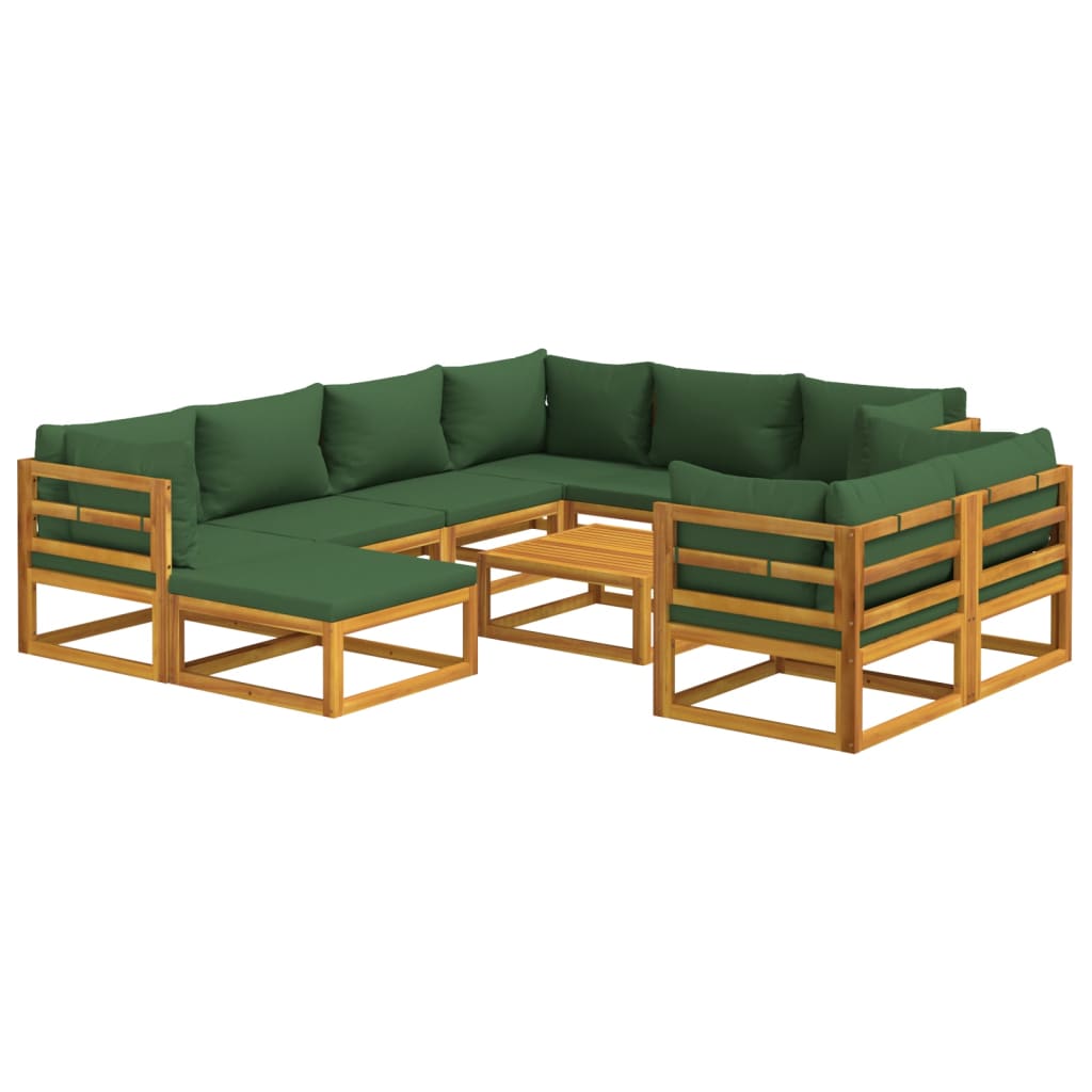 10 Piece Garden Lounge Set with Green Cushions Solid Wood