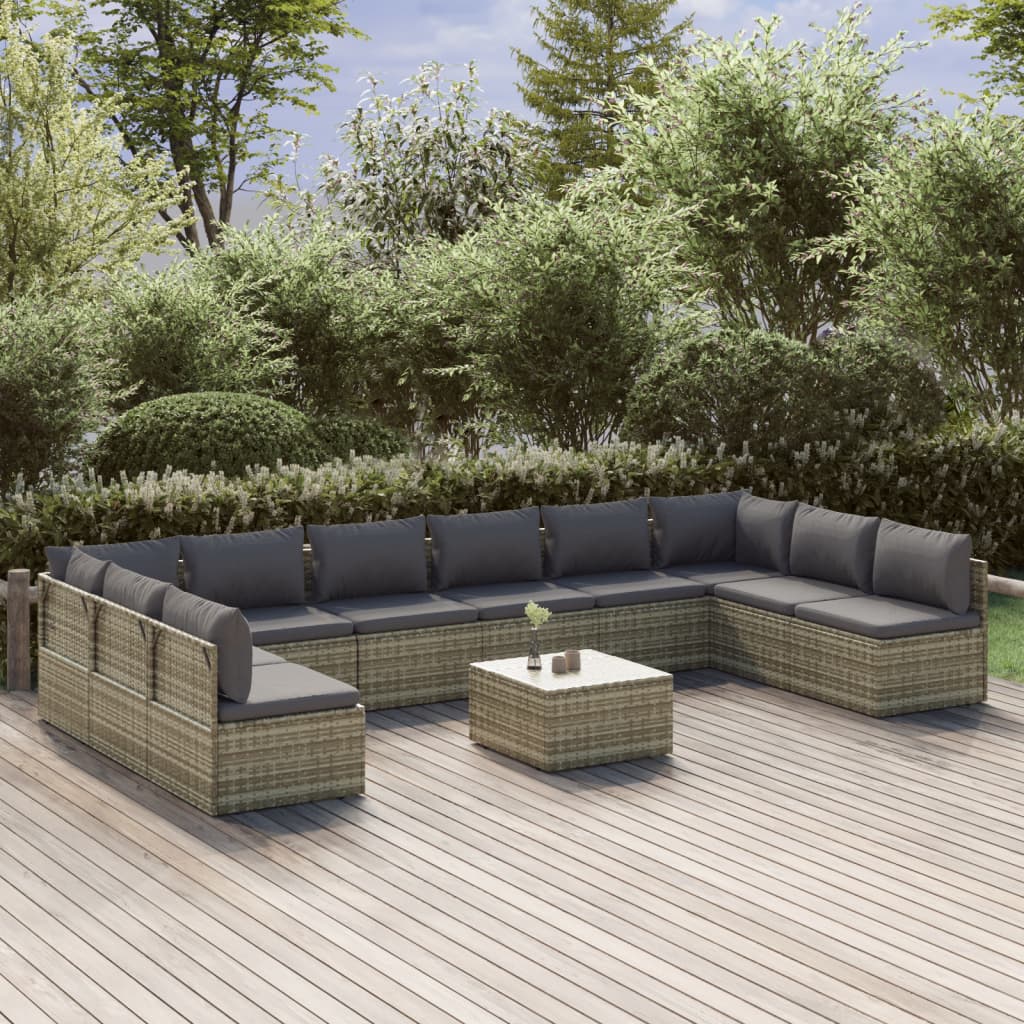 11 Piece Garden Lounge Set with Cushions Grey Poly Rattan