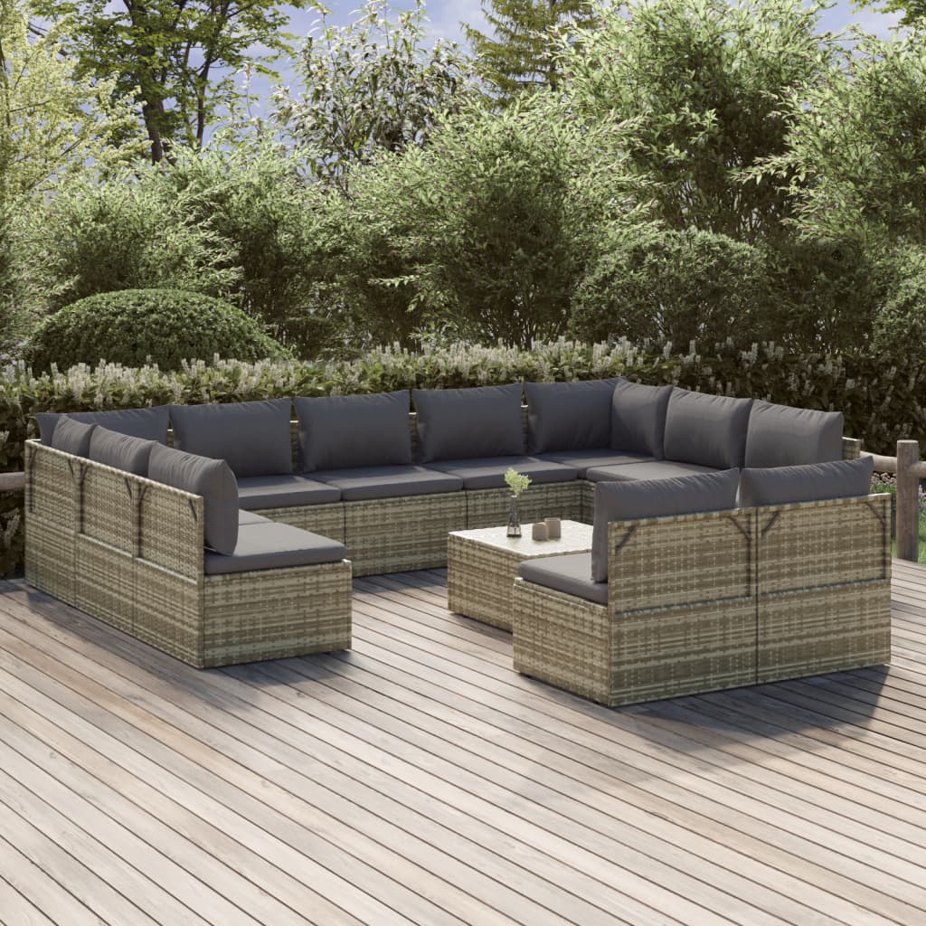 12 Piece Garden Lounge Set with Cushions Grey Poly Rattan