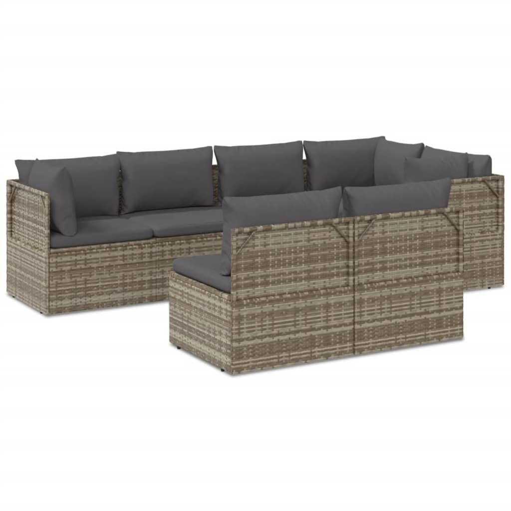 7 Piece Garden Lounge Set with Cushions Grey Poly Rattan