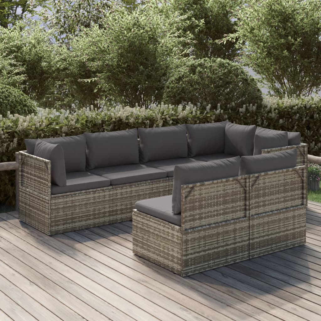 7 Piece Garden Lounge Set with Cushions Grey Poly Rattan