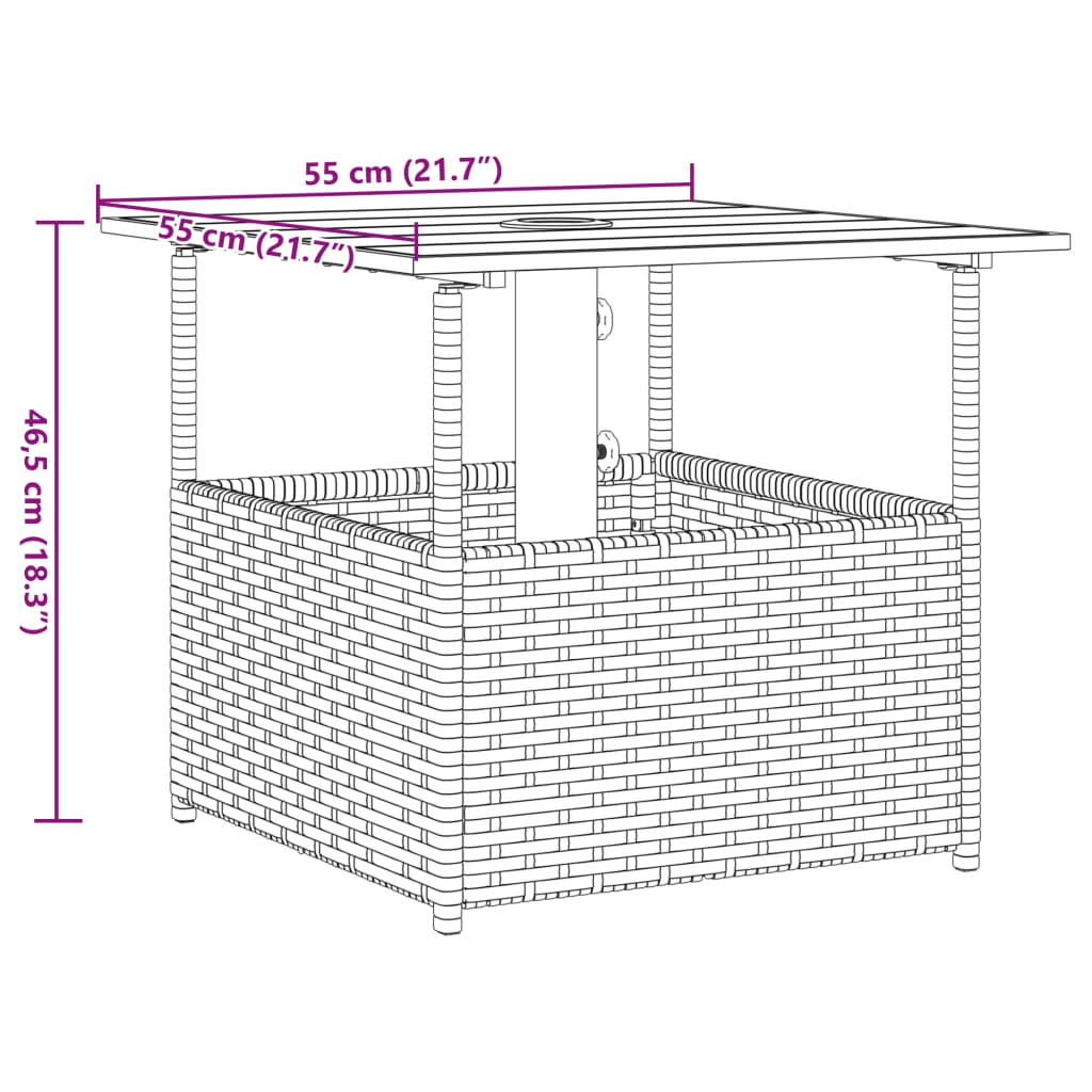 Garden Table with Parasol Hole Black 55x55x46.5 cm Poly Rattan