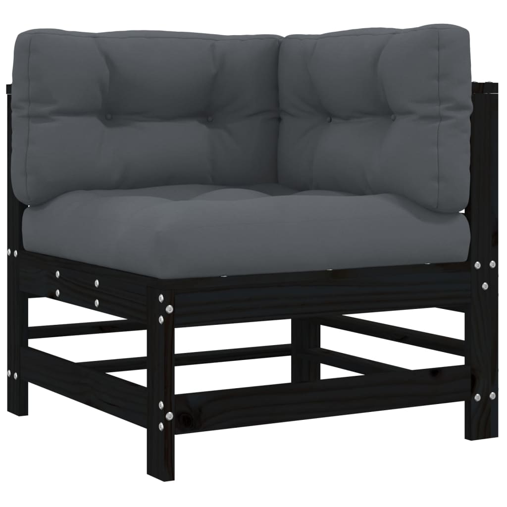 Corner Sofa with Cushions Black Solid Wood Pine