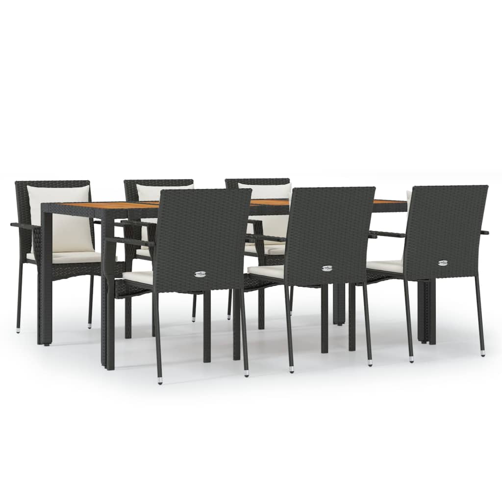 7 Piece Garden Dining Set with Cushions Black Poly Rattan