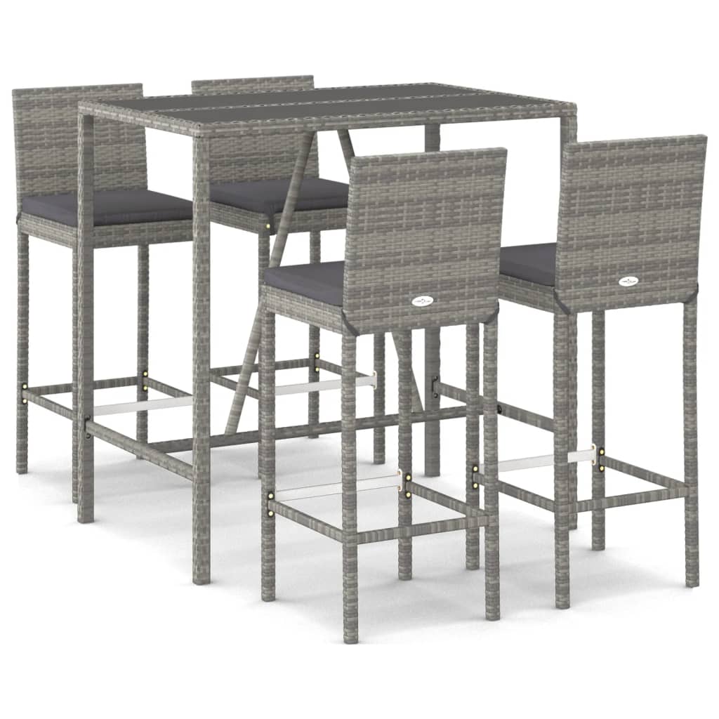 5 Piece Outdoor Bar Set with Cushions Grey Poly Rattan