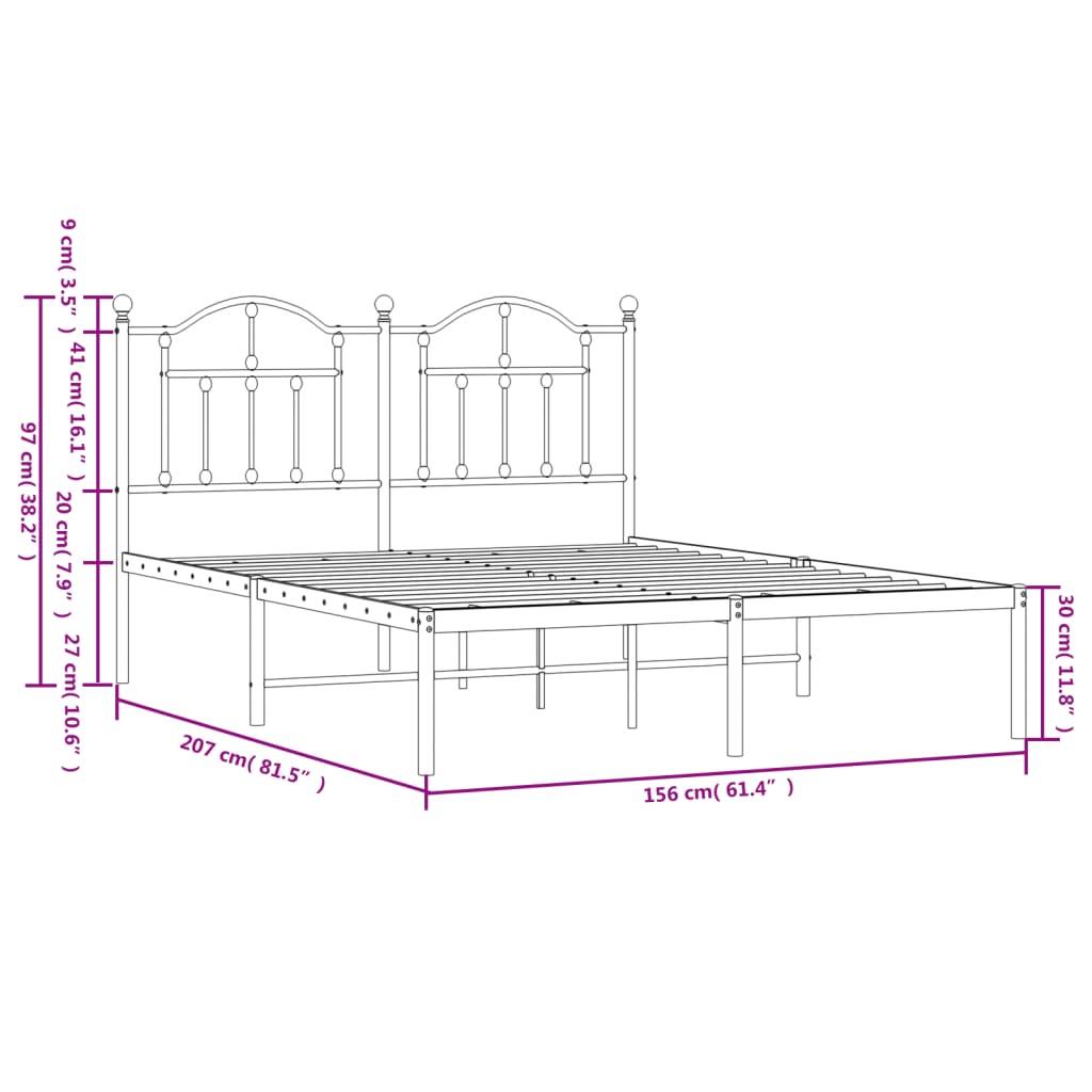 Metal Bed Frame without Mattress with Headboard Black 150x200 cm