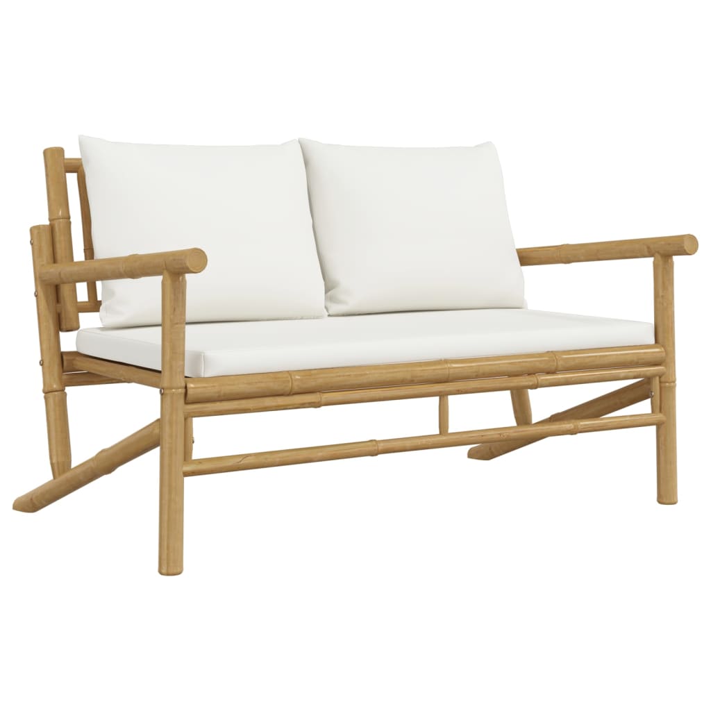 2 Piece Garden Lounge Set with Cream White Cushions Bamboo