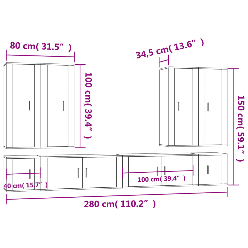 8 Piece TV Cabinet Set White Engineered Wood