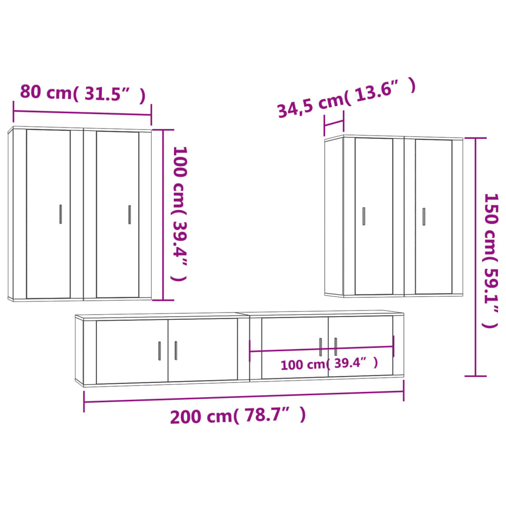 6 Piece TV Cabinet Set White Engineered Wood