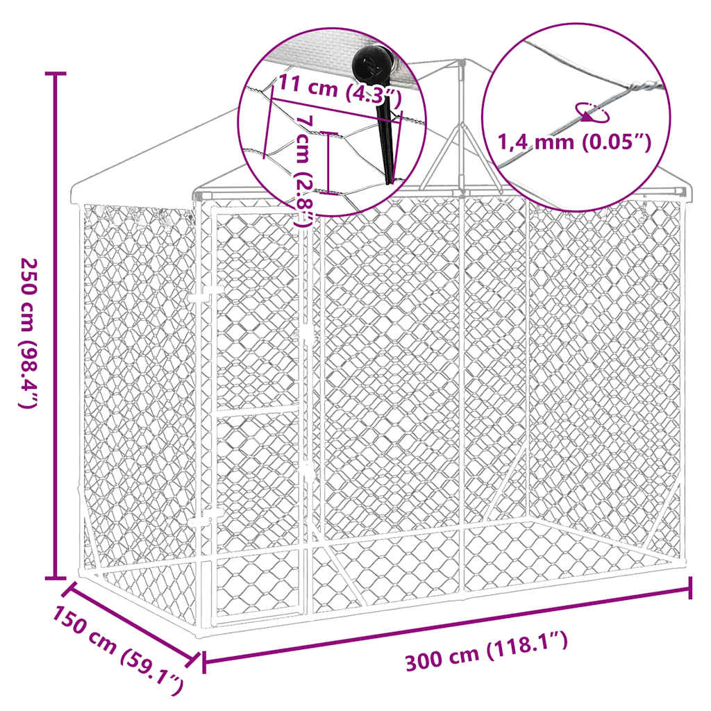 Outdoor Dog Kennel with Roof Silver 3x1.5x2.5 m Galvanised Steel