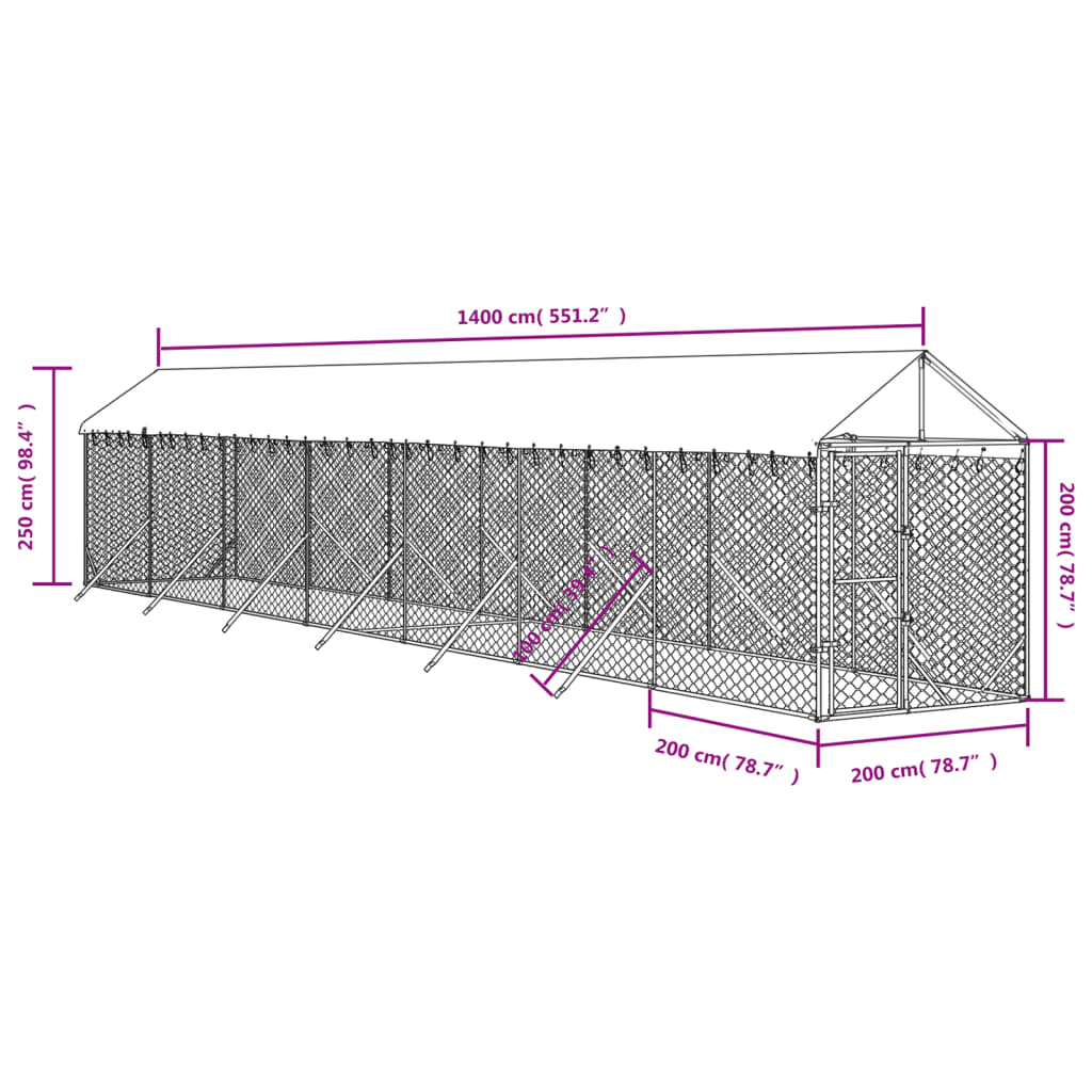 Outdoor Dog Kennel with Roof Silver 2x14x2.5 m Galvanised Steel