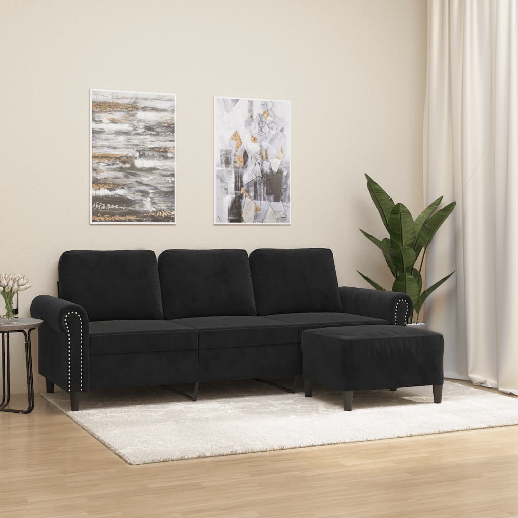 3-Seater Sofa with Footstool Black 180 cm Velvet