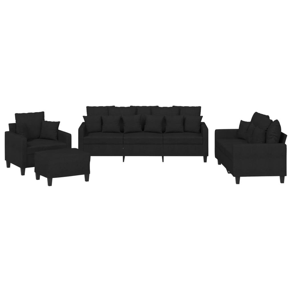 4 Piece Sofa Set with Pillows Black Fabric