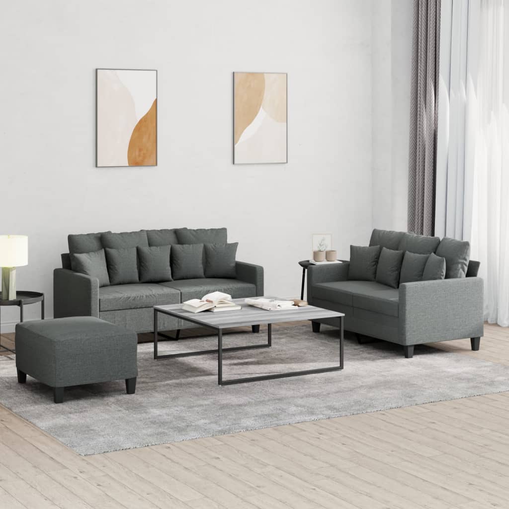 3 Piece Sofa Set with Cushions Dark Grey Fabric