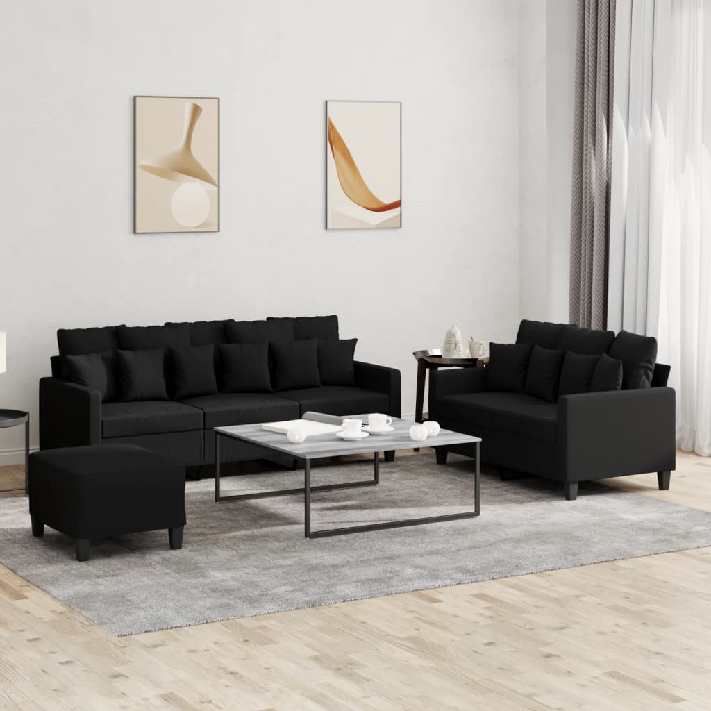 3 Piece Sofa Set with Cushions Black Fabric