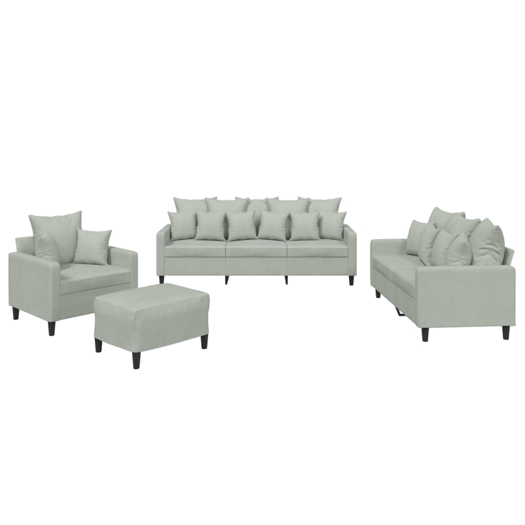 4 Piece Sofa Set with Cushions Light Grey Velvet