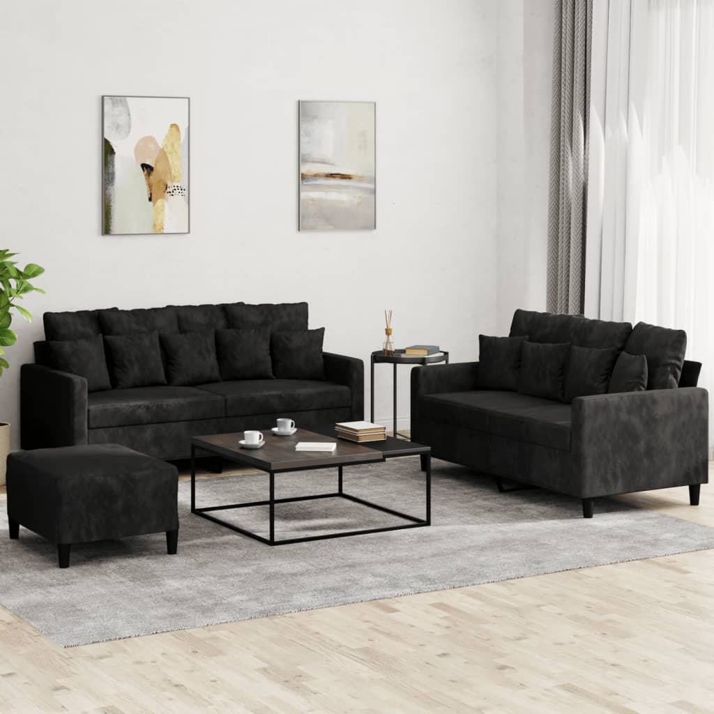 3 Piece Sofa Set with Cushions Black Velvet