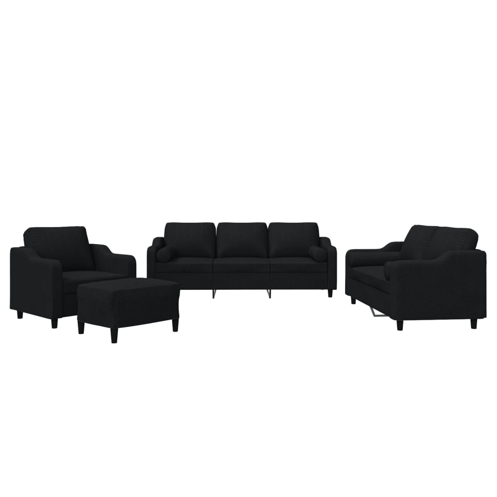 4 Piece Sofa Set with Pillows Black Fabric