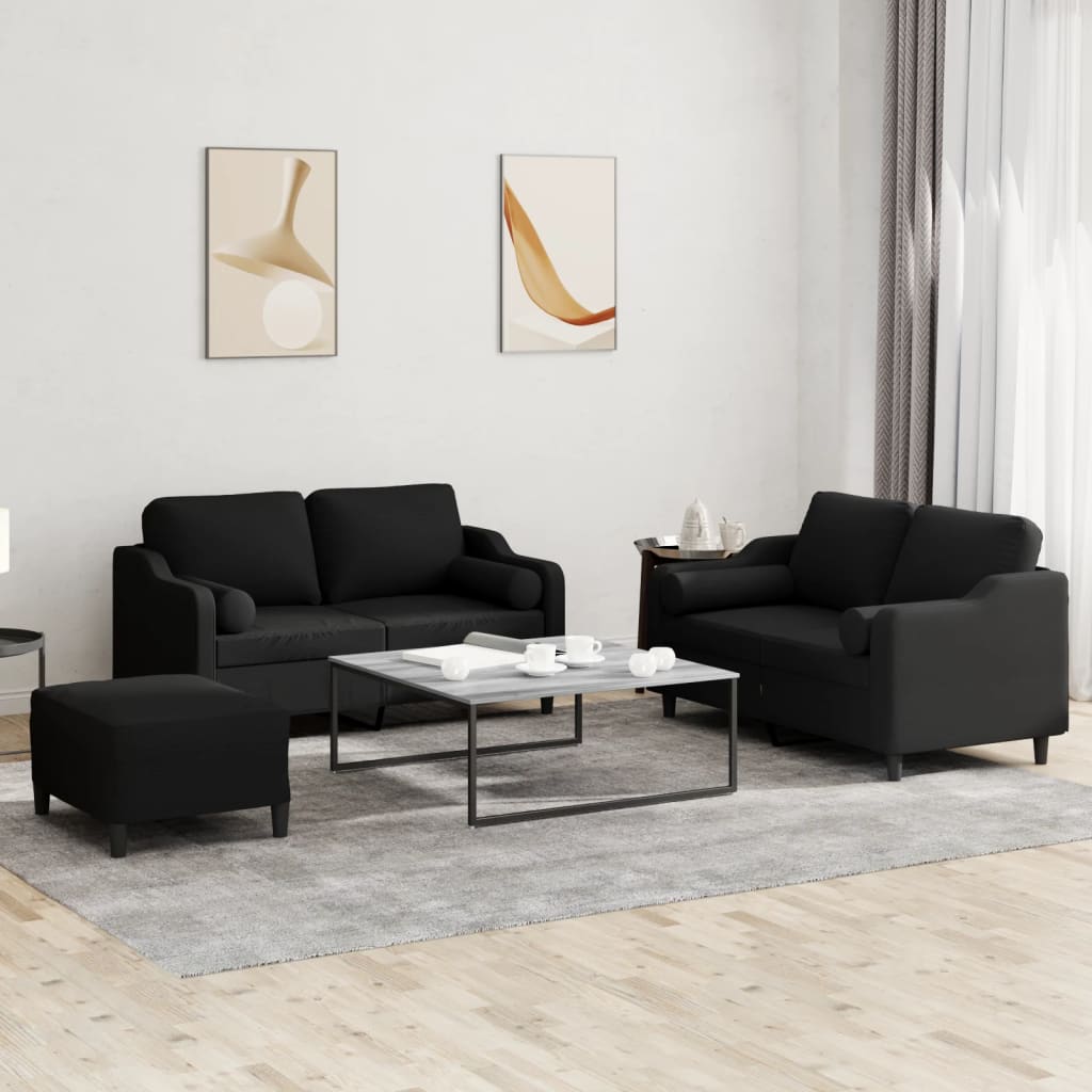 3 Piece Sofa Set with Pillows Black Fabric