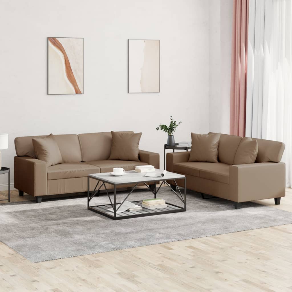 2 Piece Sofa Set with Pillows Cappuccino Faux Leather