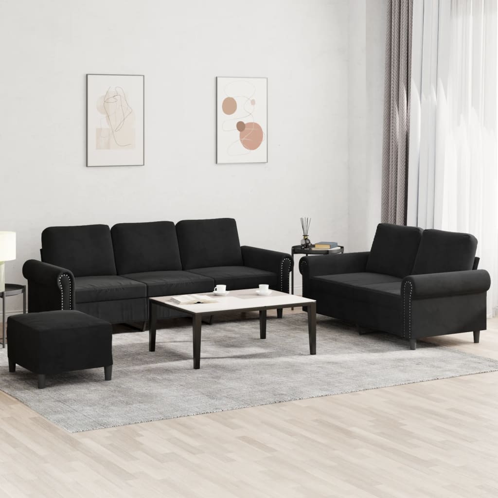 3 Piece Sofa Set with Cushions Black Velvet