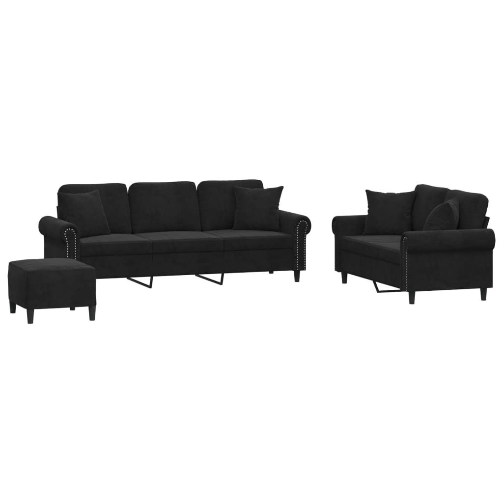 3 Piece Sofa Set with Pillows Black Velvet