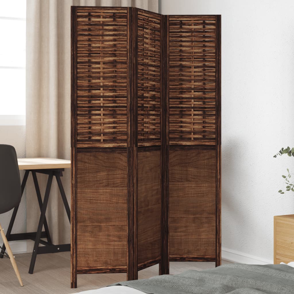 Room Divider 3 Panels Dark Brown Solid Wood Paulownia