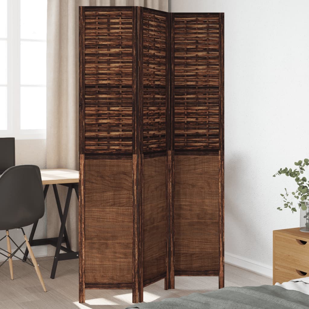 Room Divider 3 Panels Dark Brown Solid Wood Paulownia