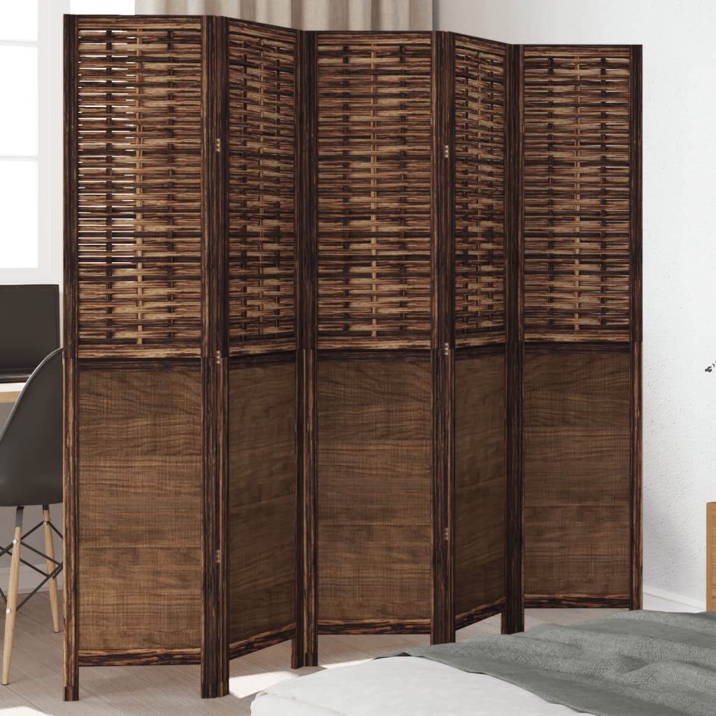 Room Divider 5 Panels Dark Brown Solid Wood Paulownia