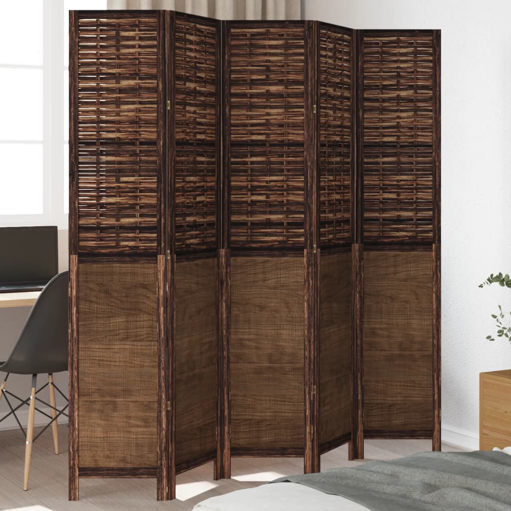 Room Divider 5 Panels Dark Brown Solid Wood Paulownia