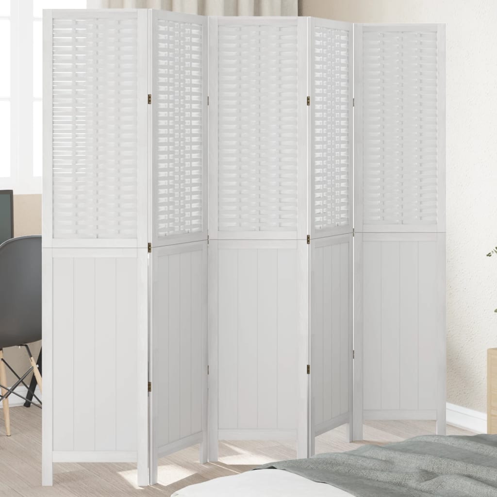 Room Divider 5 Panels White Solid Wood Paulownia