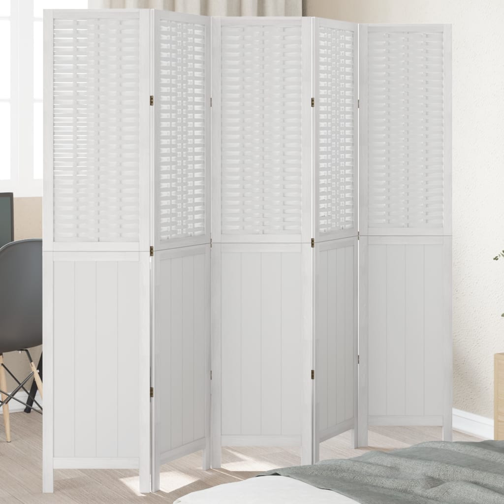 Room Divider 5 Panels White Solid Wood Paulownia