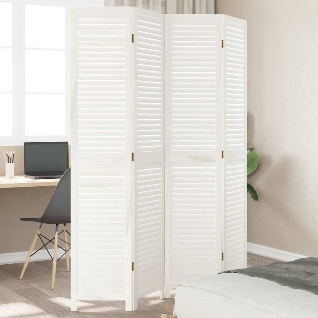 Room Divider 4 Panels White Solid Wood Paulownia